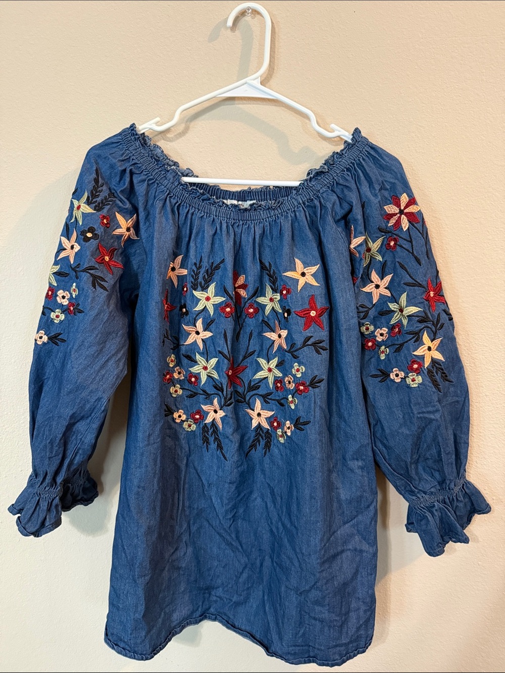 Embroidered Off-Shoulder Denim Blue Blouse